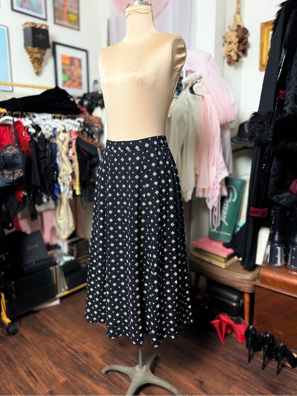 Vintage 1970’s Black Printed A-Line Midi Skirt Dark Academia